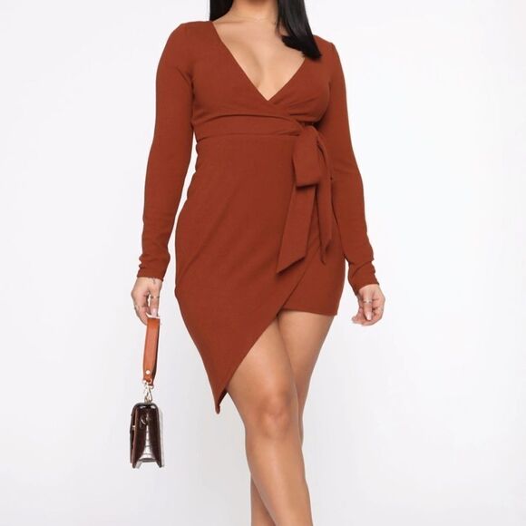 Knot Tied Down Mini Dress Rust M - Picture 1 of 4